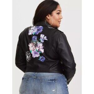 Torrid Black Floral Faux Leather Moto Jacket Plus Size 4 4x NWT